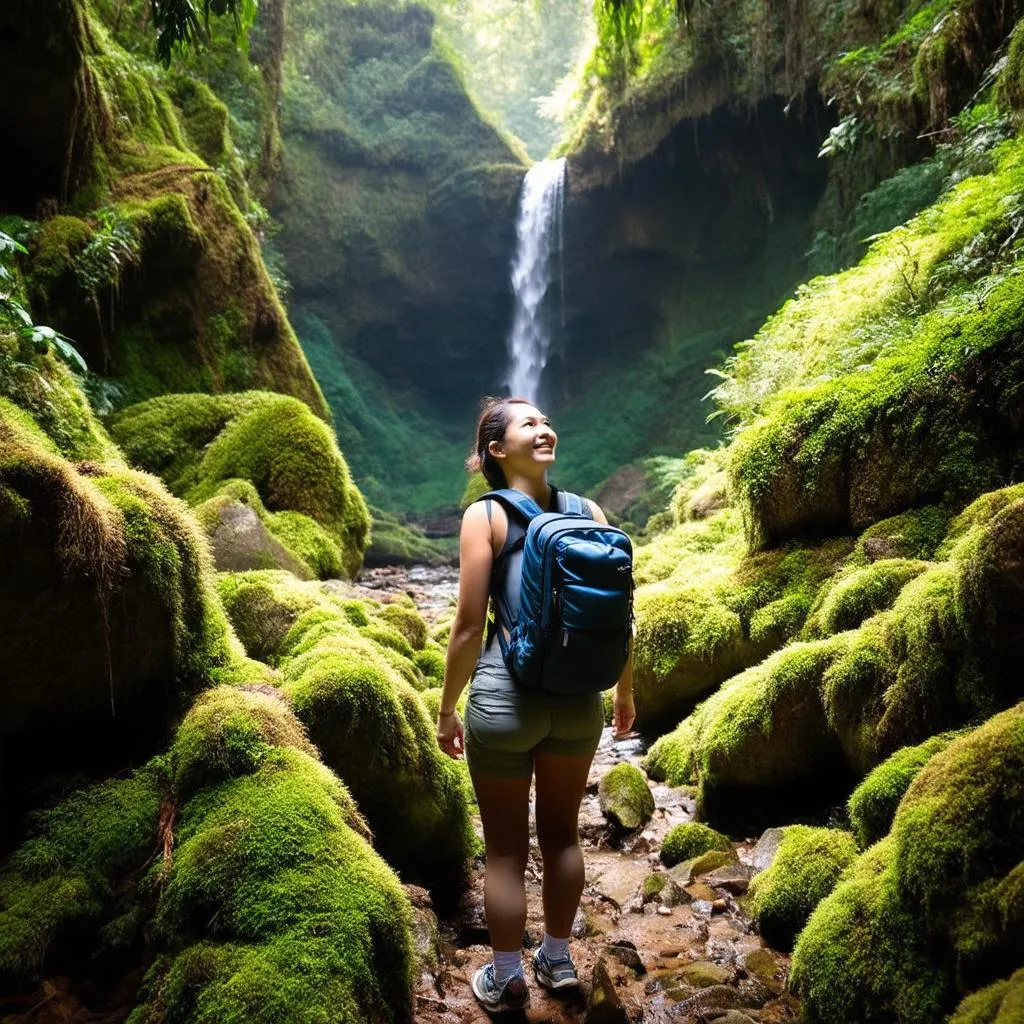 Woman hiking in rainforest